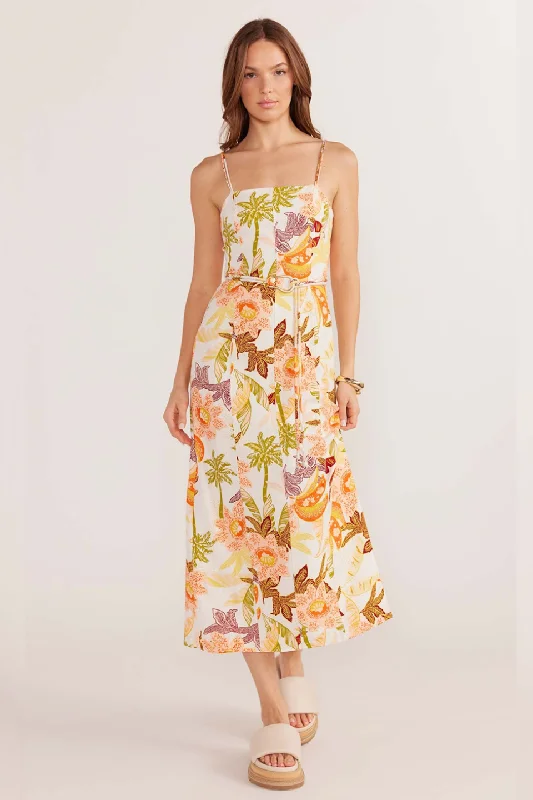  The Good StuffSarai Cream Tropical Belted Linen Midi Dress