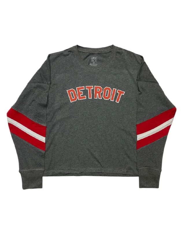  Unleash Your Trend Driven StyleInk Detroit - Red & White Print Ladies Boxy Varsity Long sleeve