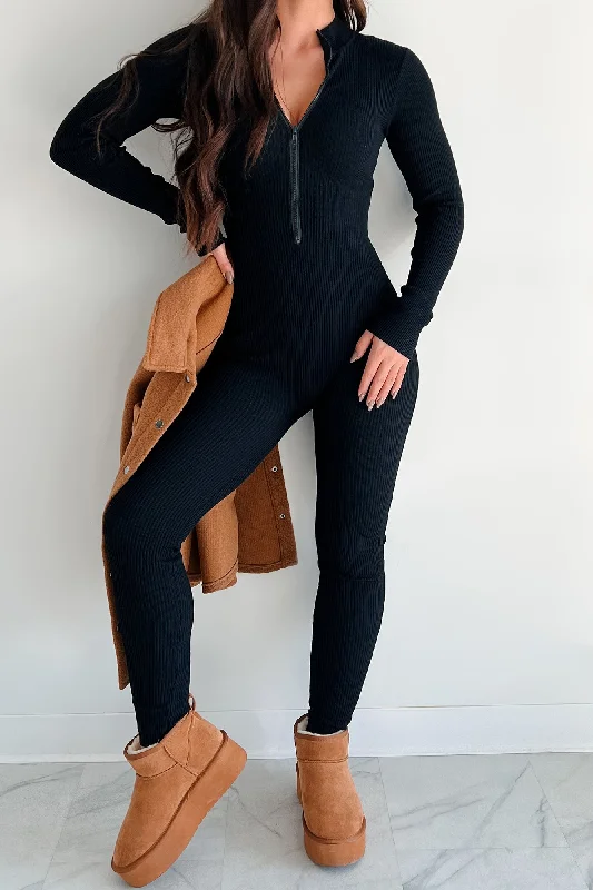  Comfortable Women's AttireLowkey And Loving It Zip Front Ribbed Jumpsuit (Black)