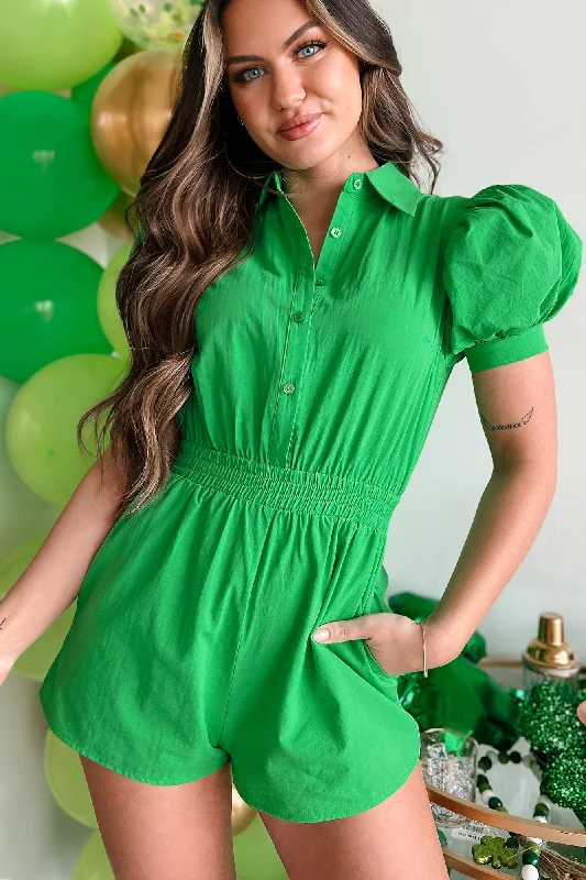  Women's Holiday OutfitElspeth Puff Sleeve Romper (Kelly Green)