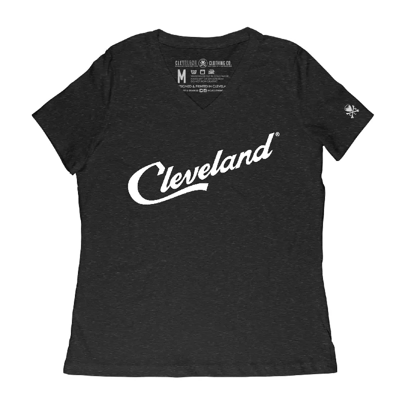  Sustainable Women's ApparelCleveland Script - Womens Relaxed Fit V-Neck T-Shirt - Heather Black