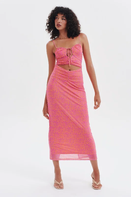  Women's Evening AttireDesire Pink Palm Mesh Midi Dress