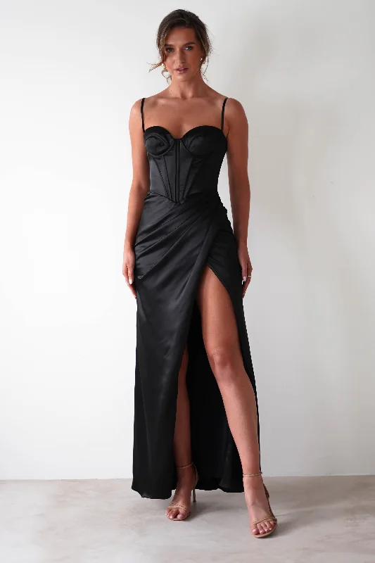  Women's Chic Outerwear AttireMaja Satin Corset Gown | Black