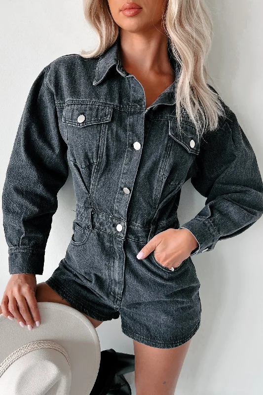  Charming Women's Outfit For Special OccasionsI'm Always Cool Denim Long Sleeve Romper (Black Denim)