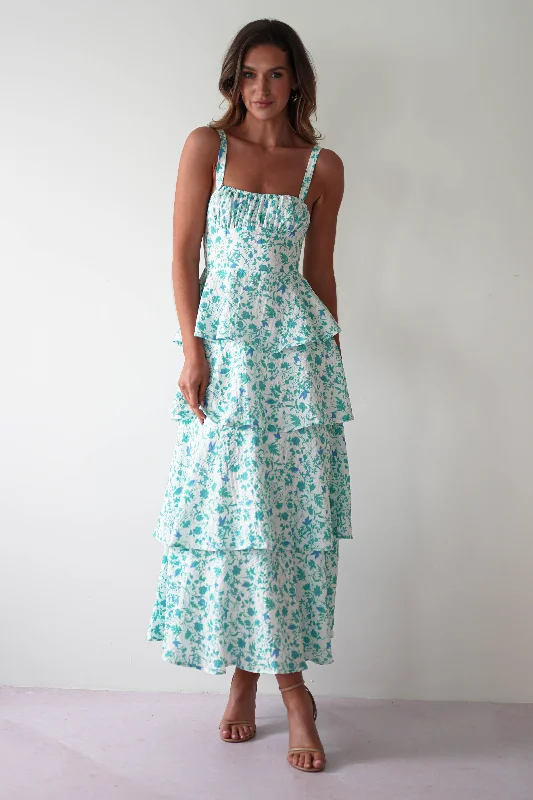  Women's AttireEmily Floral Ruffle Maxi Dress | Green/White