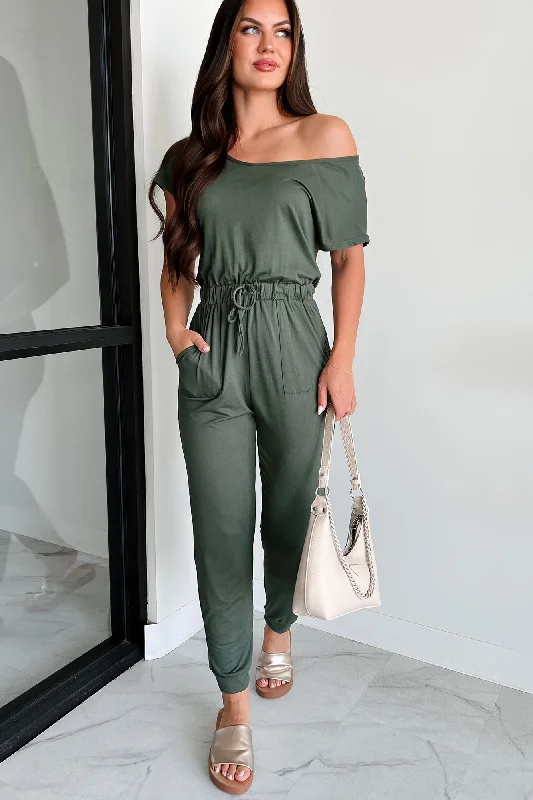  Women's Comfortable Lounge AttireStroll Through Town Short Sleeve Jumpsuit (Olive)