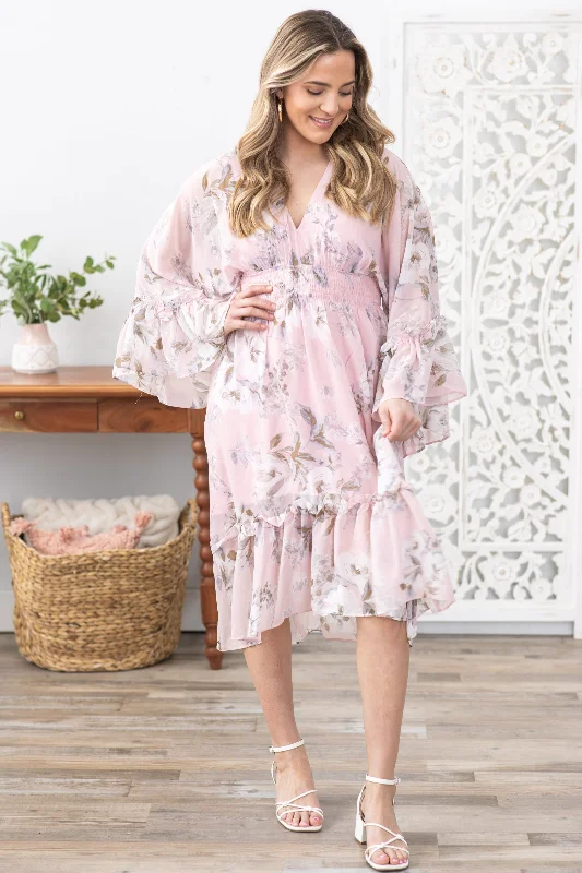  Swimwear Summer BlowoutBlush Floral Print Dolman Sleeve Midi Dress