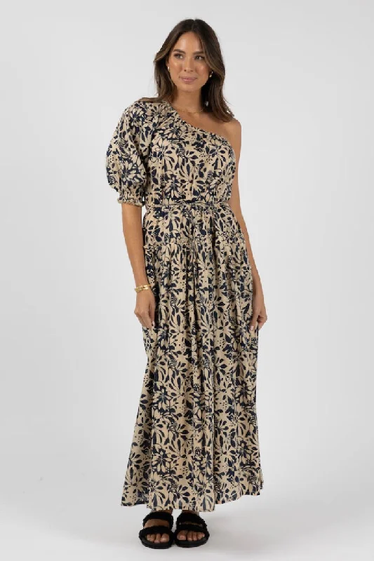  Chic And EdgyEden Navy Print One Shoulder Midi Dress