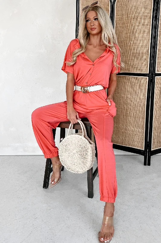  Fashion Forward Femininity Taking The Easy Route Short Sleeve Button Detail Jumpsuit (Coral)