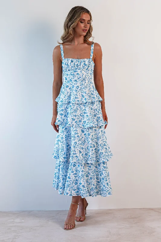  Top Brand DiscountsEmily Floral Ruffle Maxi Dress | Blue/White