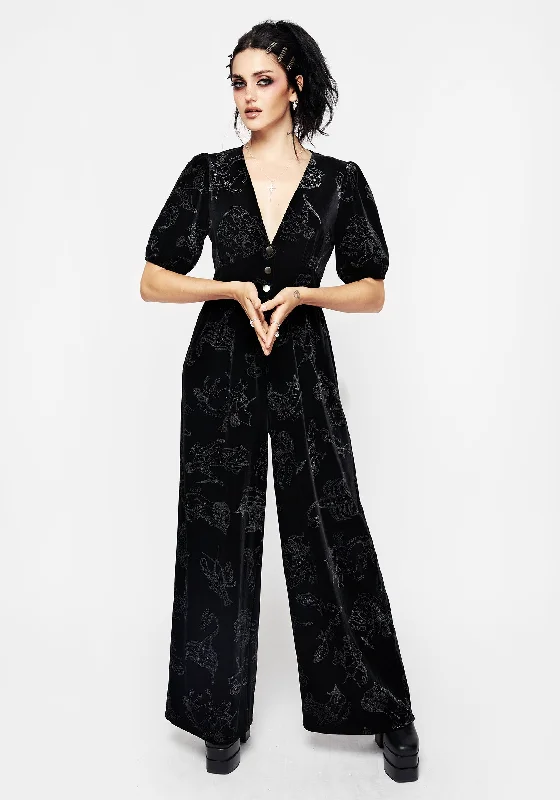  Elegant Clothing For WomenZodiac Foil Print Button Front Velour Jumpsuit