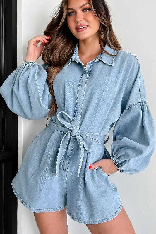  Limited Time Flash SaleModern Direction Denim Balloon Sleeve Romper (Denim)