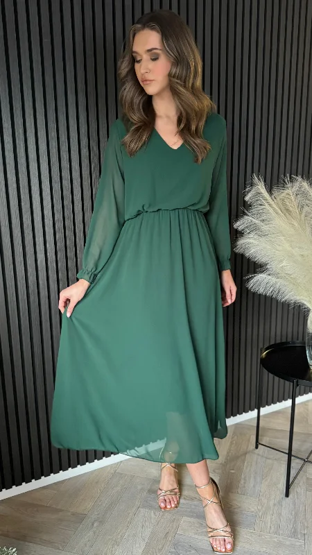  Vintage-Inspired GarmentsBeatrix Forest Green V Neckline Midi Dress