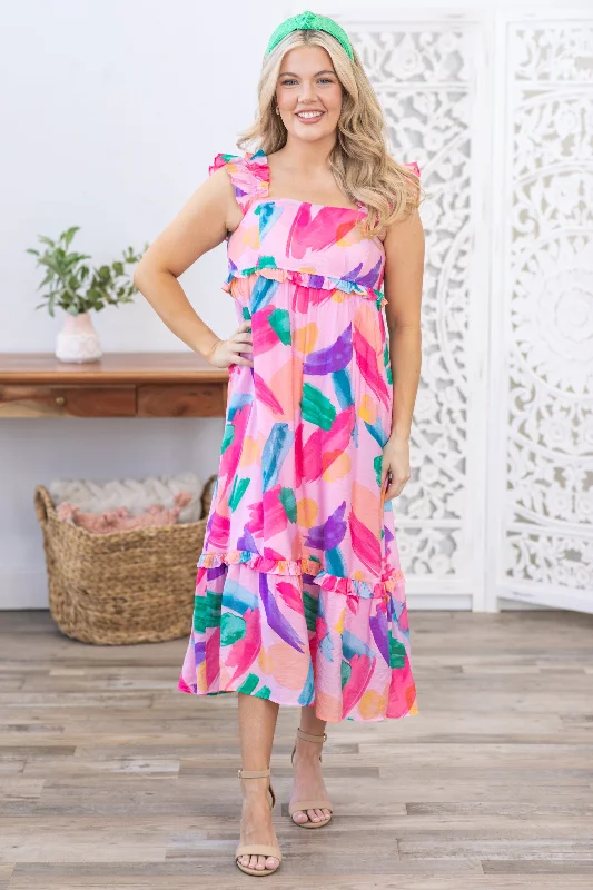  Massive Selection SalePink Multicolor Ruffle Straps Midi Dress