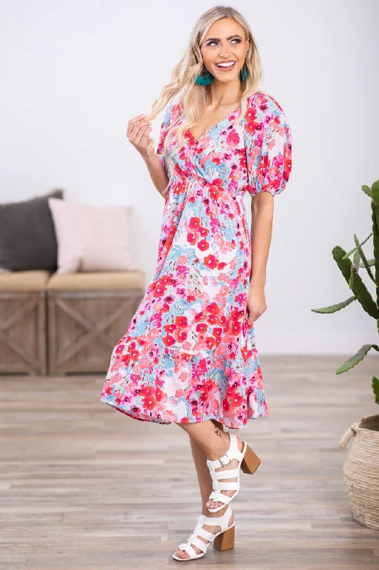  Formal Outfit For WomenSky Blue and Pink Puff Sleeve Floral Dress