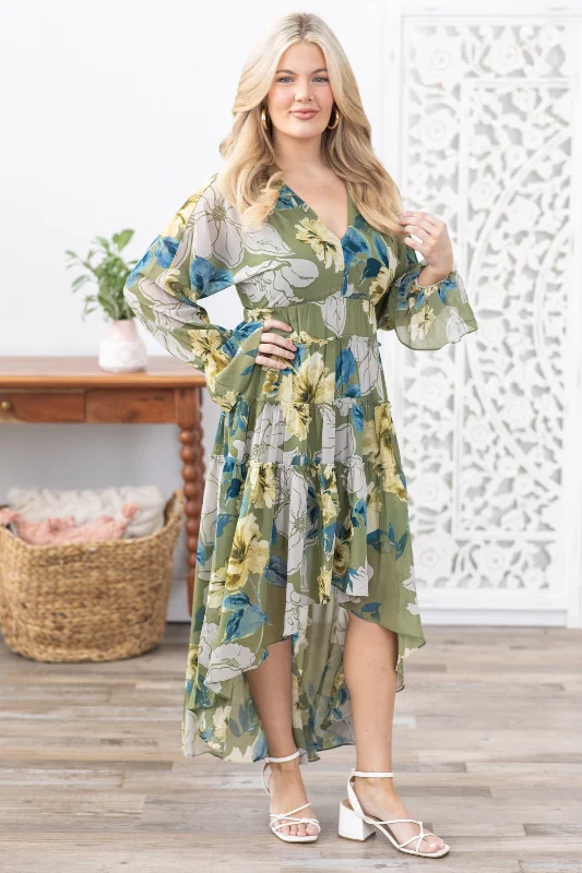  Discount ExtravaganzaOlive Floral V-Neck Long Sleeve Maxi Dress