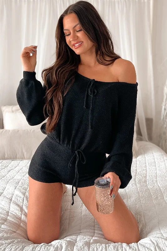  Women's Activewear AttireDOORBUSTER Too Tired To Move Waffle Knit Romper (Black)