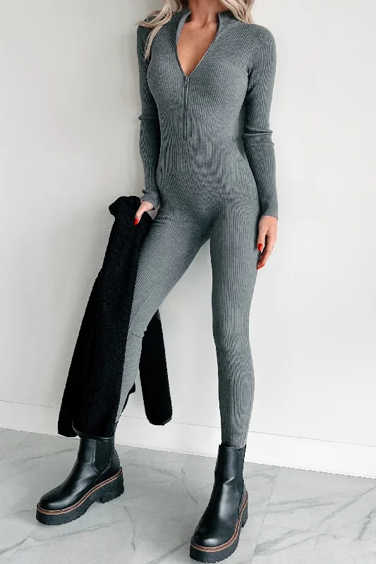  Seasonal ClearanceLowkey And Loving It Zip Front Ribbed Jumpsuit (Heather Grey)