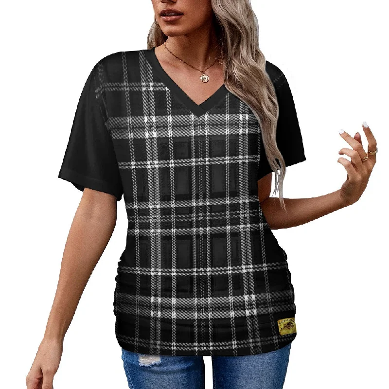  Women's Cozy Winter AttireTRP Twisted Patterns 06: Digital Plaid 01-06A Ladies Designer V-neck Pleated T-shirt