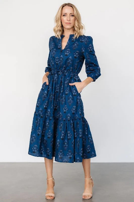  Women's Everyday AttireMira Midi Dress | Deep Blue Print