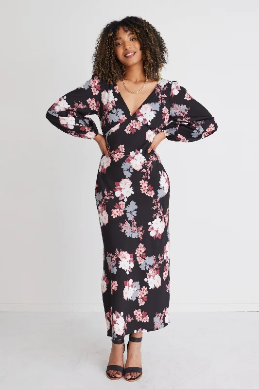  Hot DealsPhoenix Pink Vintage Floral Satin Ls Empire Bias Midi Dress