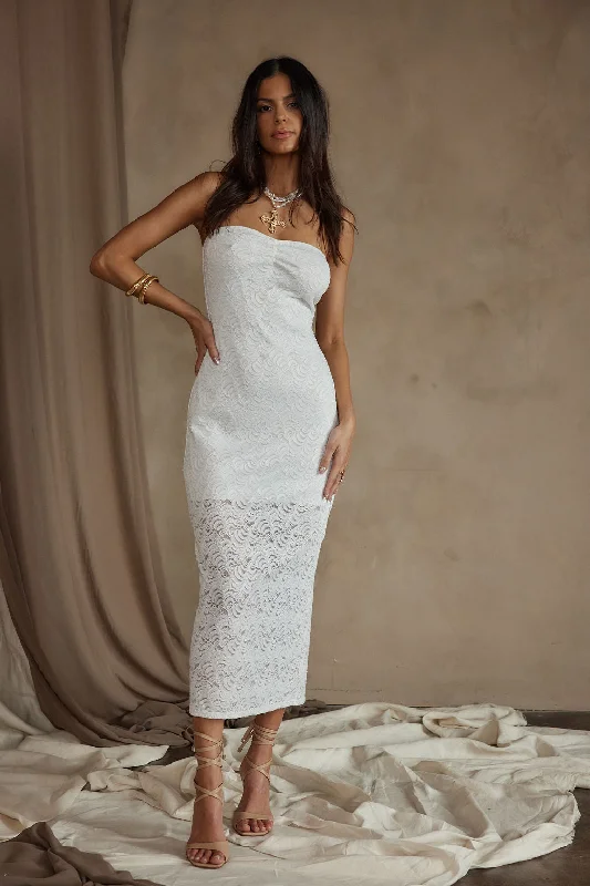  Style RevolutionReagan Strapless White Lace Midi Dress