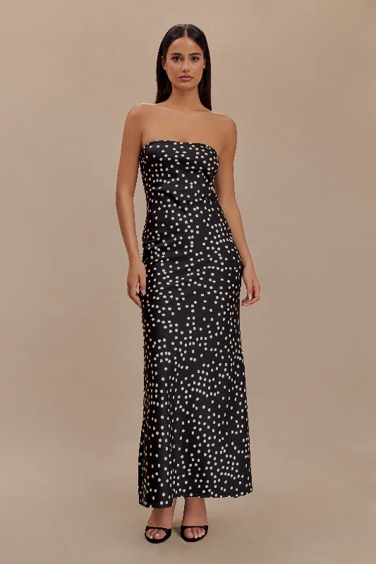  Stylish Women's AttireClaudette Strapless Satin Maxi Dress - Black Polka Dot Print