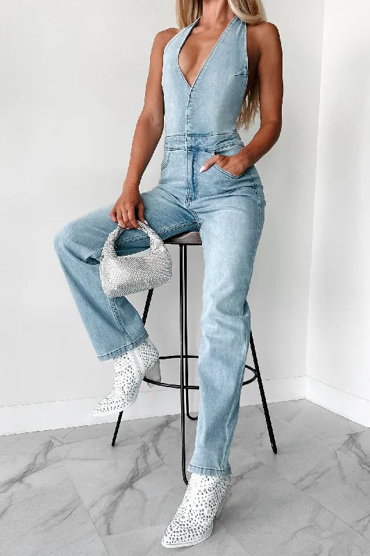  Women's Casual Wear OutfitEyes Over Here Halter Denim Jumpsuit (Blue)