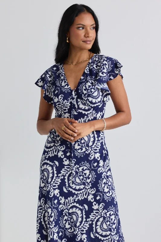  Modern Women's AttireOvation Navy Tile Print Flutter Ss Keyhole Tie Midi Dress