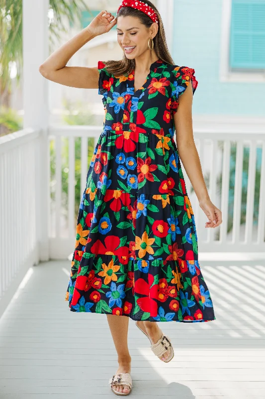  Women's Trendy Casual OutfitCreated Beauty Navy Blue Floral Midi Dress