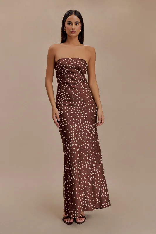  Casual Attire For WomenClaudette Strapless Satin Maxi Dress - Brown Polka Dot Print