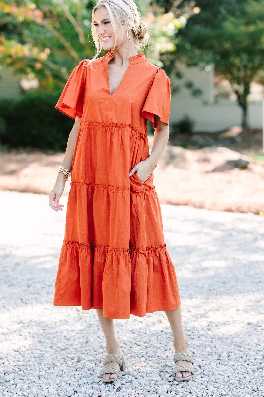  Women's Relaxed OutfitSugarlips: Make A Statement Rust Orange Tiered Midi Dress