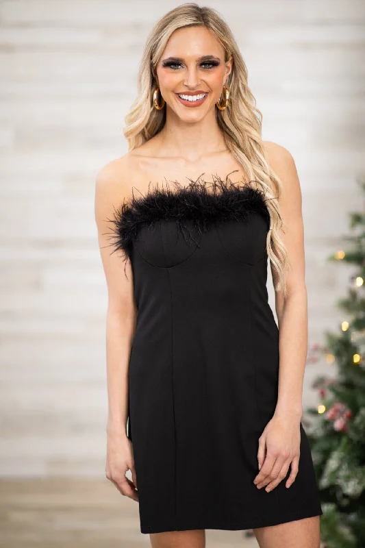  Women's Work OutfitBlack Strapless Feather Trim Dress