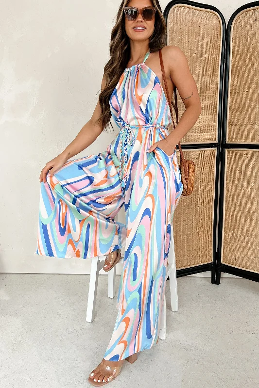  Trendy PulseLiving Vibrantly Braided Belt Halter Jumpsuit (Blue, Pink, Tangerine)