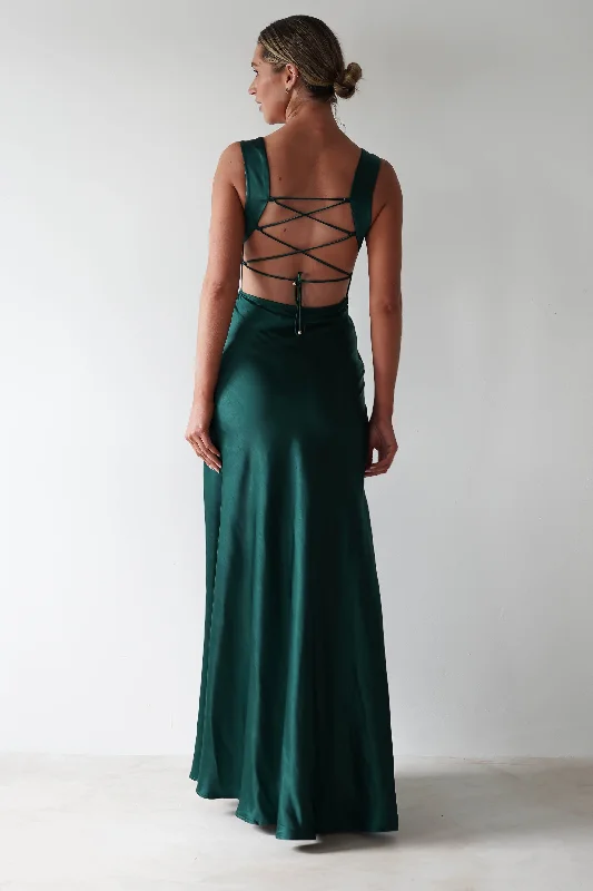  Unleash Your StyleRiviera Soft Satin Maxi Gown | Forest Green