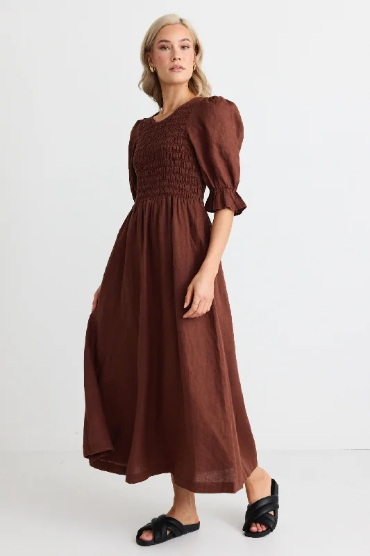  Women's Trendy AttireCanary Chocolate Linen Puff Sleeve Shirred Bodice Midi Dress