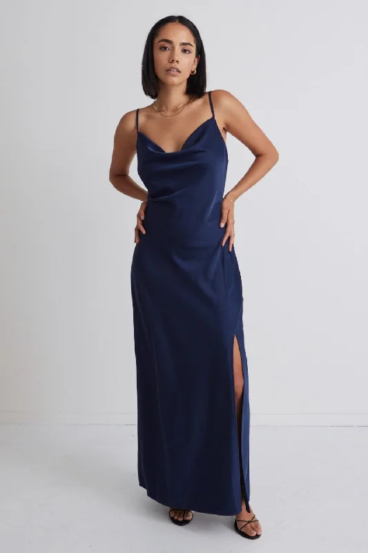  Charming Women's Outfit For Special OccasionsShow Stopper Navy Satin Strappy Midi Dress