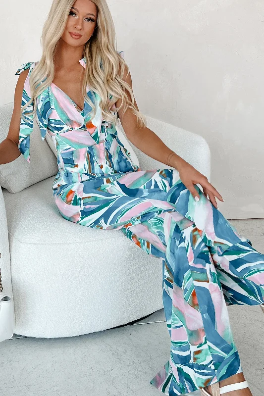  Affordable Women's OutfitBeautiful Horizon Printed Tie-Strap Wide Leg Jumpsuit (Blue Multi)