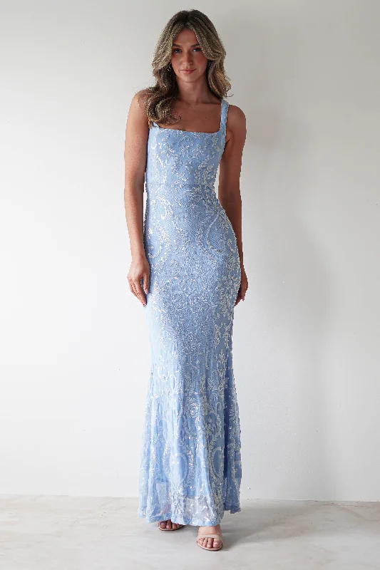  Women's Layered OutfitHalo Square Neck Sequin Maxi Gown | Blue