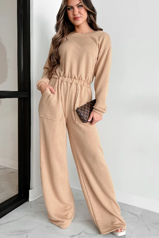  Limited Stock, Big SaleCozy Refuge Long Sleeve Wide Leg Jumpsuit (Taupe)