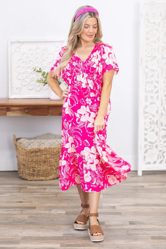  Special Offers, Don't MissPink Floral Print V-Neck Midi Dress