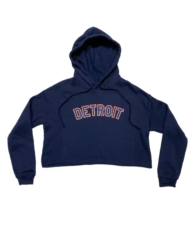  Women's Casual OutfitInk Detroit Fleece Crop Hoodie - Orange and Navy print on Navy