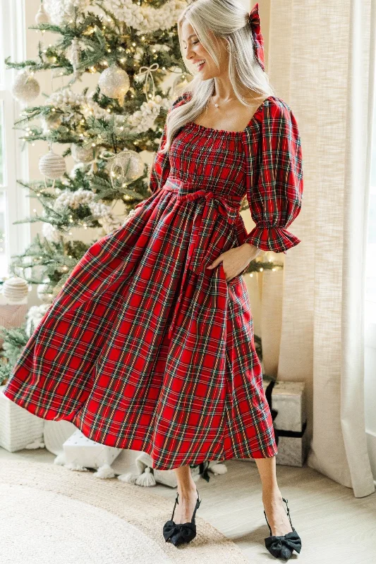  Women's Cozy Outfit For LoungingAll I Want Red Tartan Plaid Midi Dress