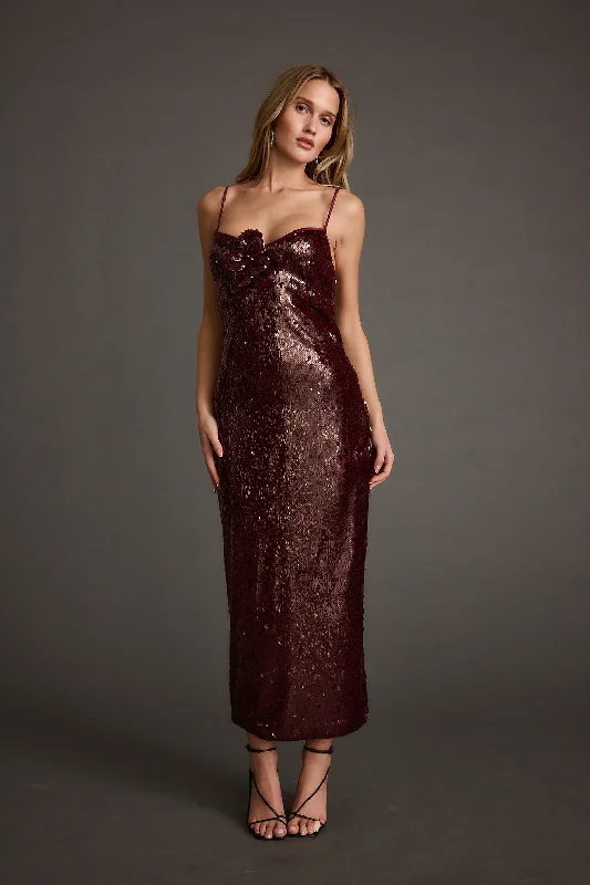  Find Your Unique FlairAll For You Merlot Sequin Rosette Midi Dress