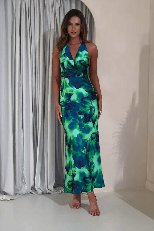  Women's Stylish Vacation AttireFiji Soft Satin Maxi Dress | Green Print