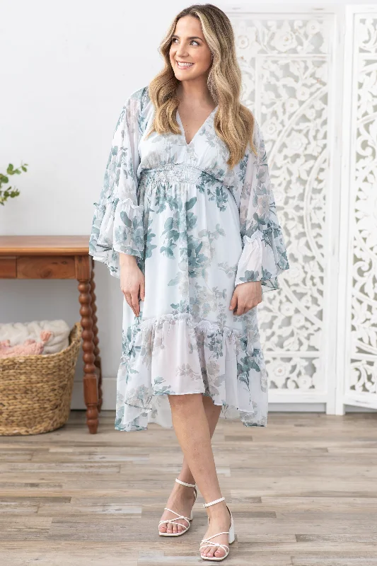  Fashion ForwardDusty Teal Floral Print Long Sleeve Midi Dress