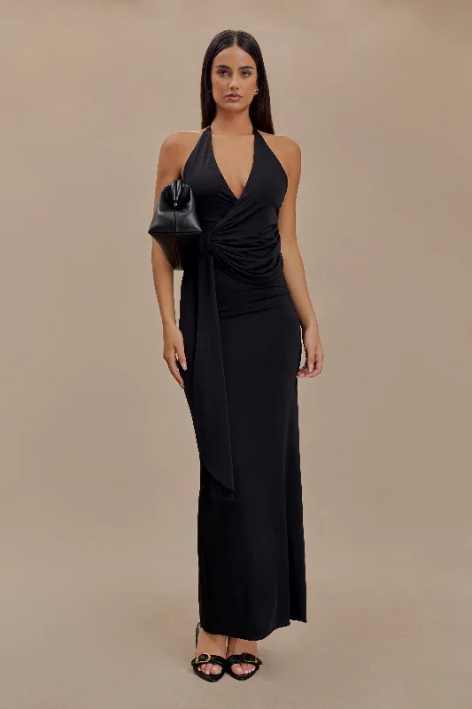  Women's Seasonal AttireTyla Draped Slinky Halter Maxi Dress - Black