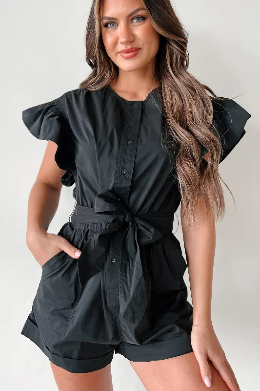  Fashion FrontiersShula Button-Front Ruffle Sleeve Romper (Black)