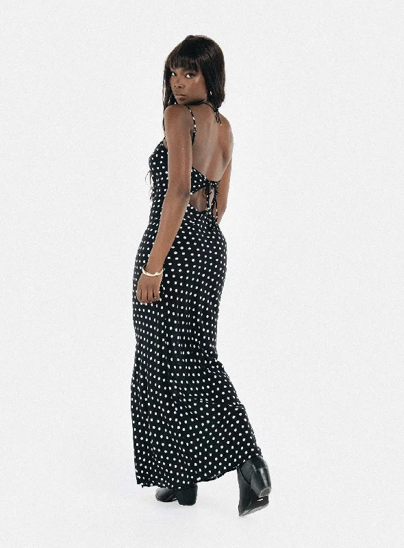  Women's Resort AttireLuncheon Maxi Dress Black Polka Dot