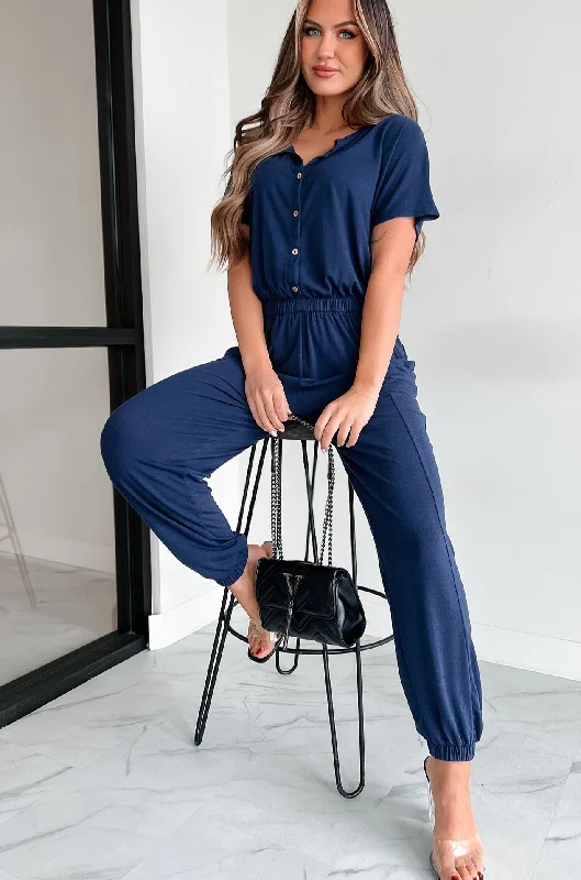  Women's Comfy Attire For LoungingTaking The Easy Route Short Sleeve Button Detail Jumpsuit (Dark Navy)